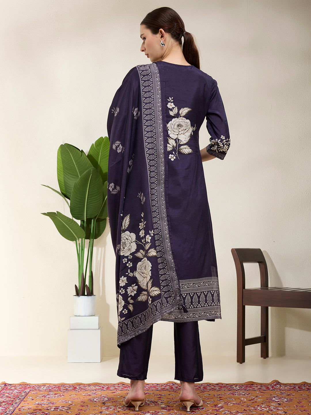 Floral Printed & Embroidered Straight Kurta with Pant & Dupatta - Navy Blue