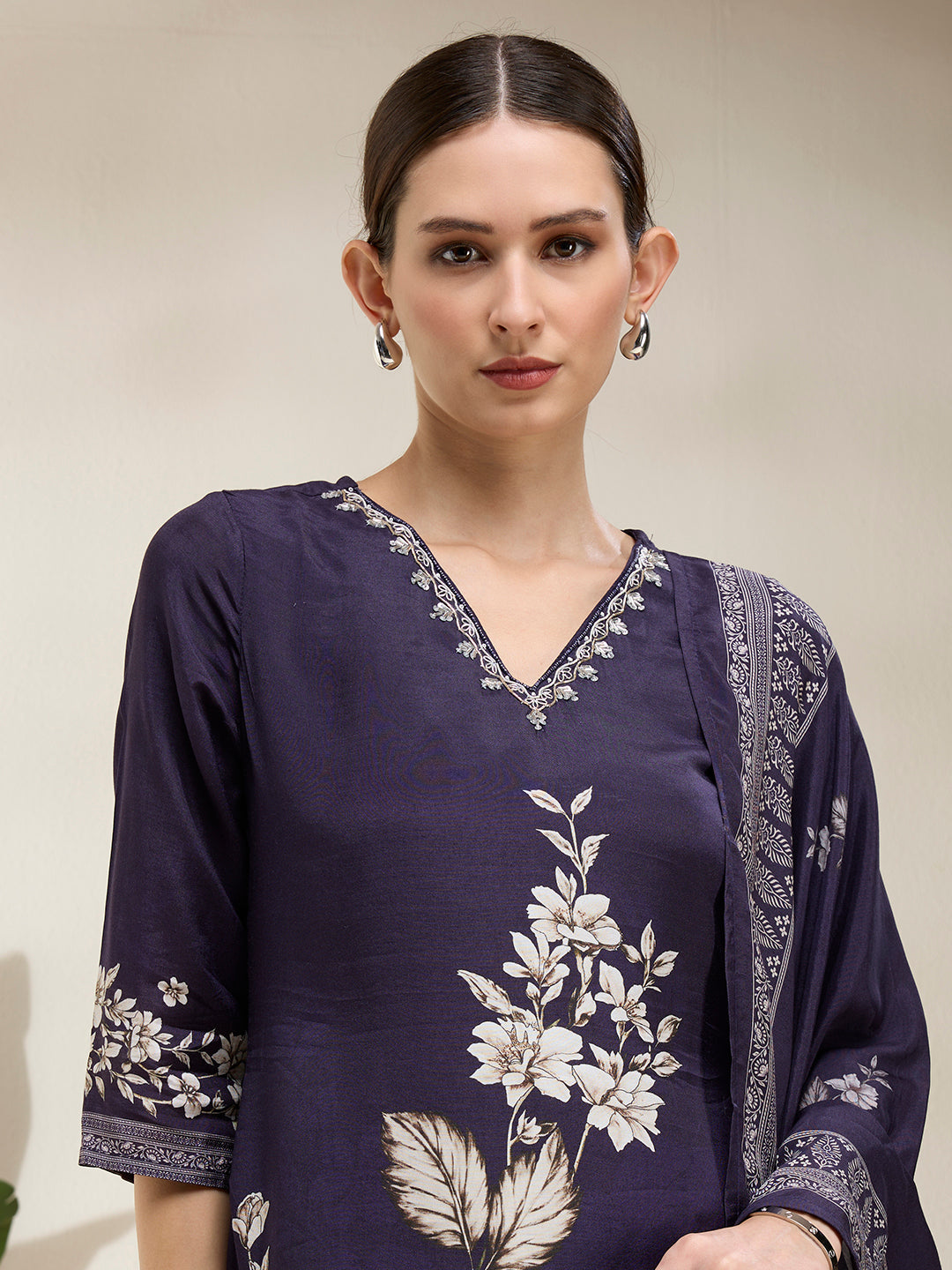 Floral Printed & Embroidered Straight Kurta with Pant & Dupatta - Navy Blue