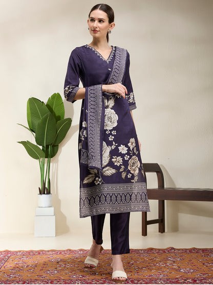 Floral Printed & Embroidered Straight Kurta with Pant & Dupatta - Navy Blue