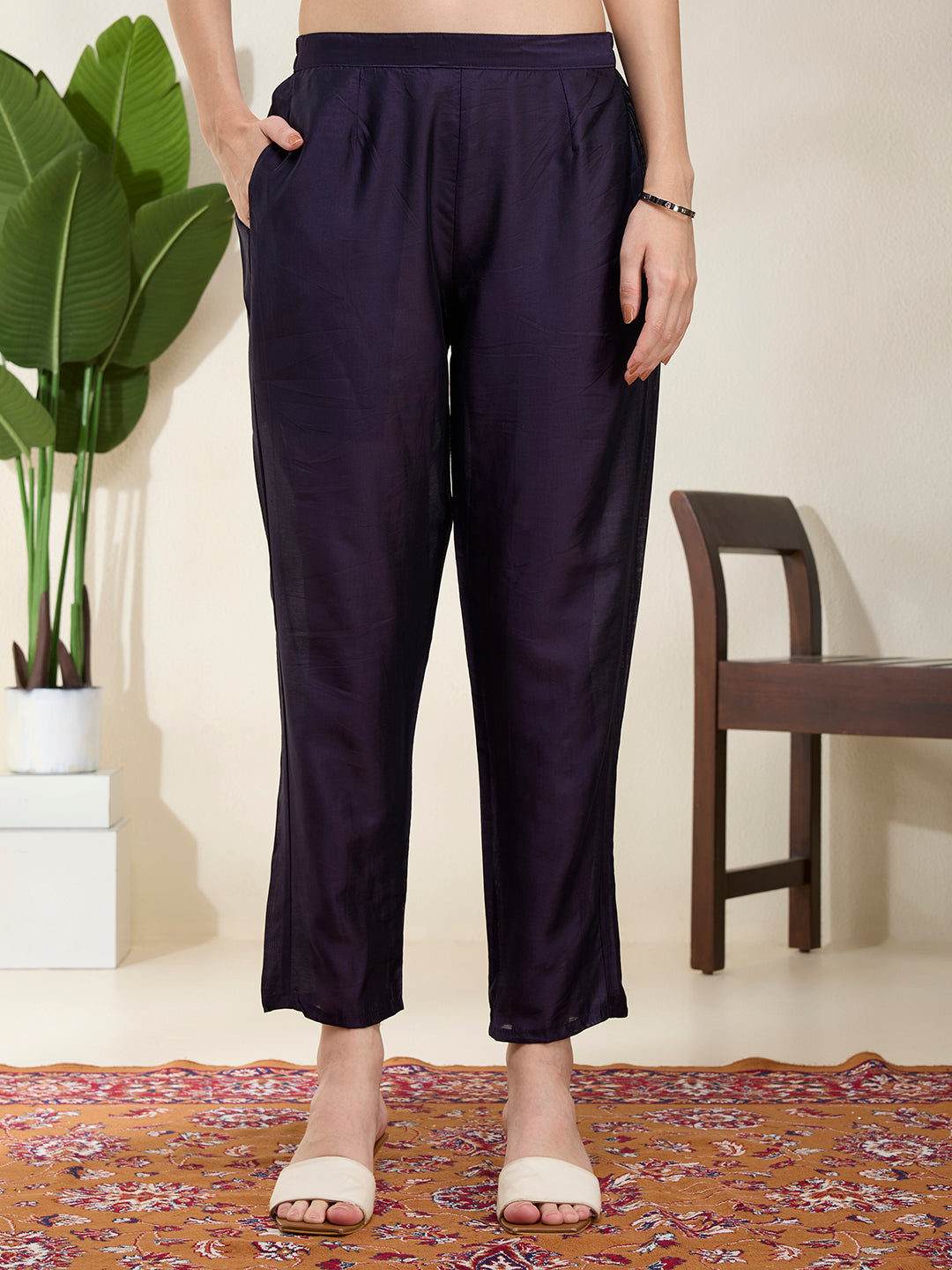 Floral Printed & Embroidered Straight Kurta with Pant & Dupatta - Navy Blue