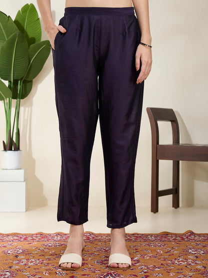 Floral Printed & Embroidered Straight Kurta with Pant & Dupatta - Navy Blue