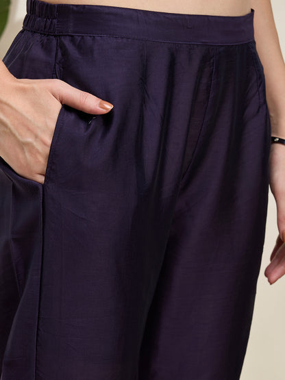 Floral Printed & Embroidered Straight Kurta with Pant & Dupatta - Navy Blue