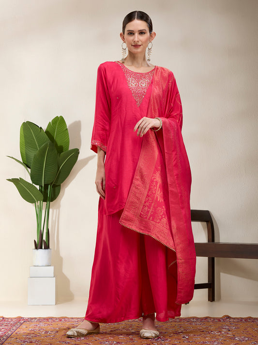 Solid Hand Embroidered Straight Kurta with Palazzo & Dupatta - Magenta