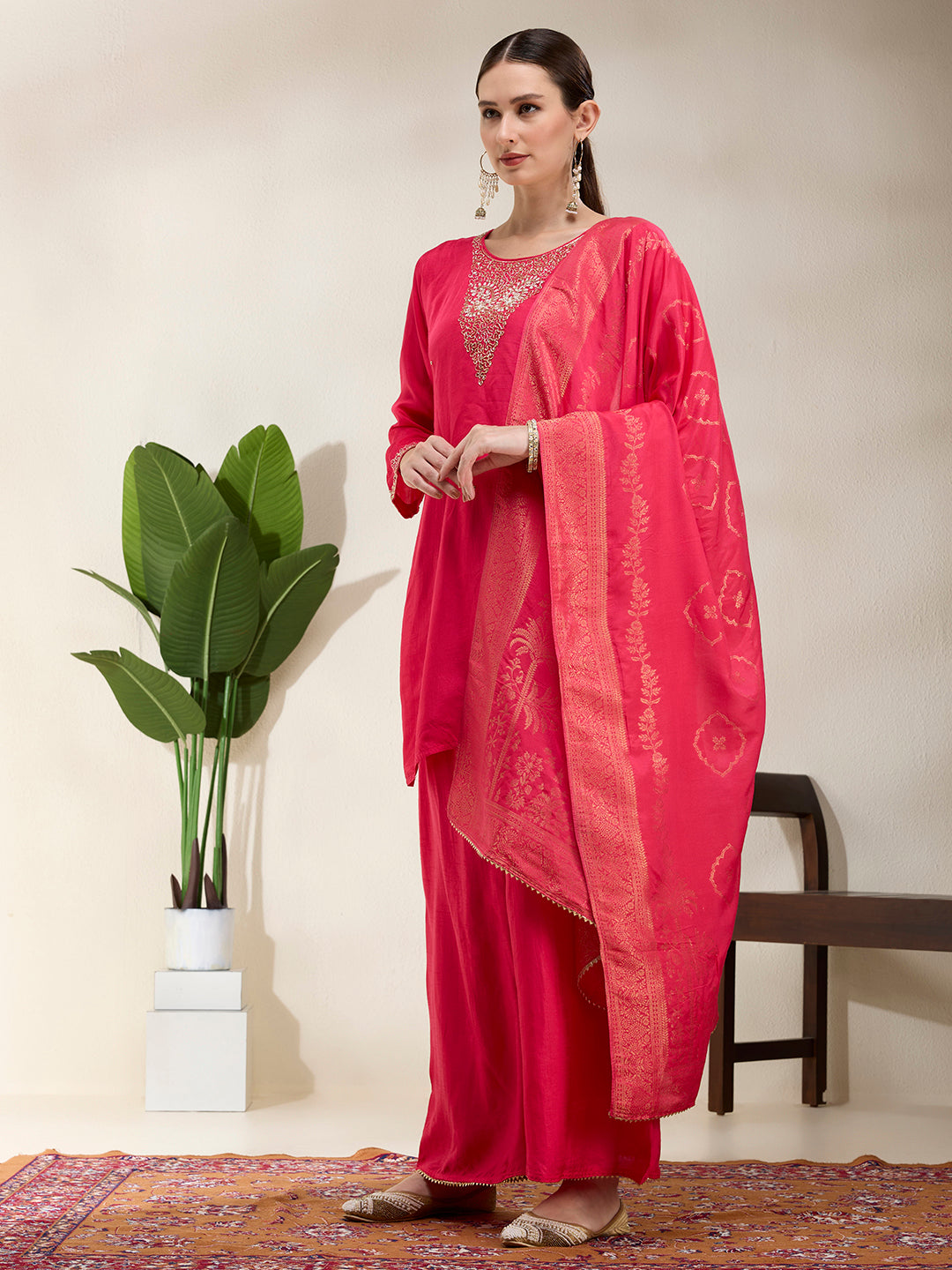 Solid Hand Embroidered Straight Kurta with Palazzo & Dupatta - Magenta