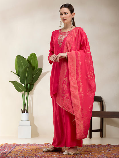 Solid Hand Embroidered Straight Kurta with Palazzo & Dupatta - Magenta
