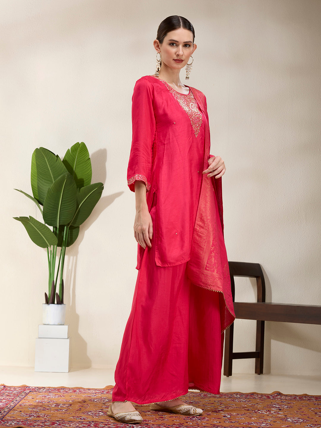 Solid Hand Embroidered Straight Kurta with Palazzo & Dupatta - Magenta