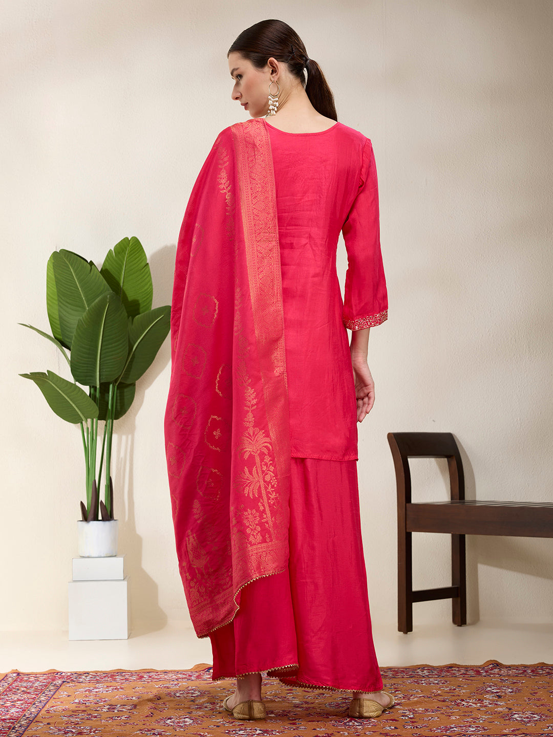 Solid Hand Embroidered Straight Kurta with Palazzo & Dupatta - Magenta