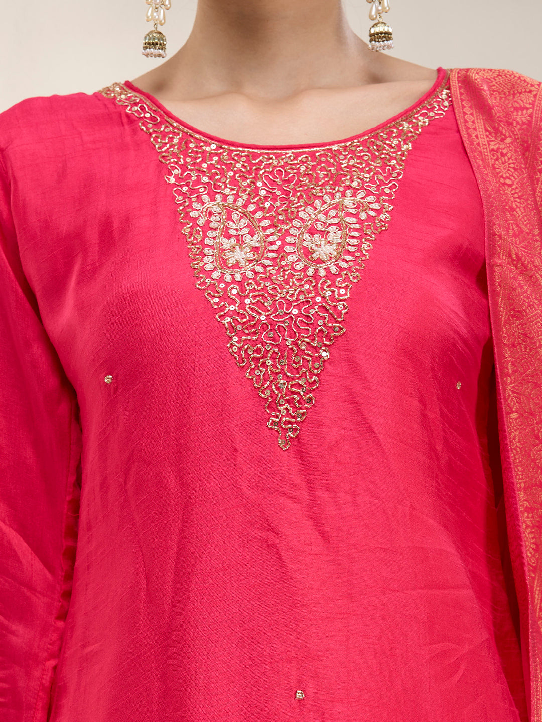Solid Hand Embroidered Straight Kurta with Palazzo & Dupatta - Magenta