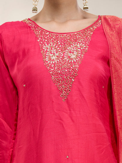 Solid Hand Embroidered Straight Kurta with Palazzo & Dupatta - Magenta