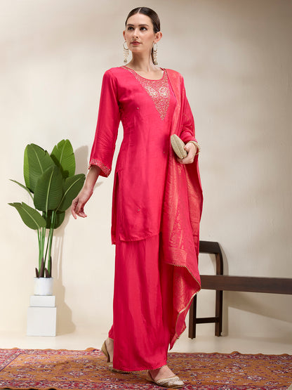 Solid Hand Embroidered Straight Kurta with Palazzo & Dupatta - Magenta