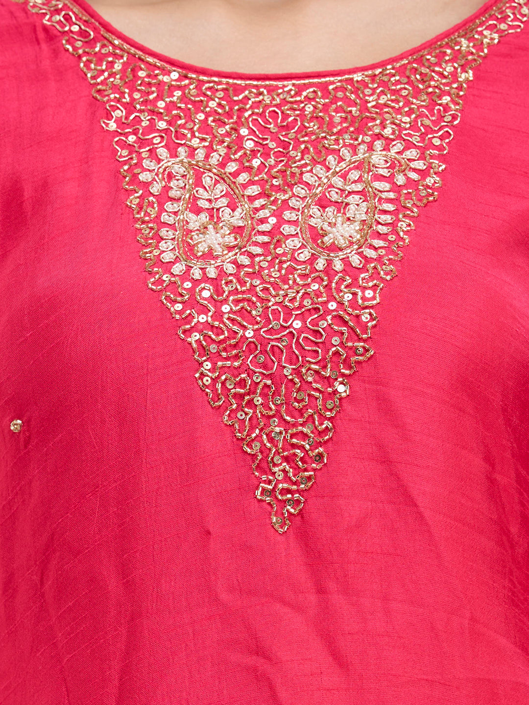 Solid Hand Embroidered Straight Kurta with Palazzo & Dupatta - Magenta