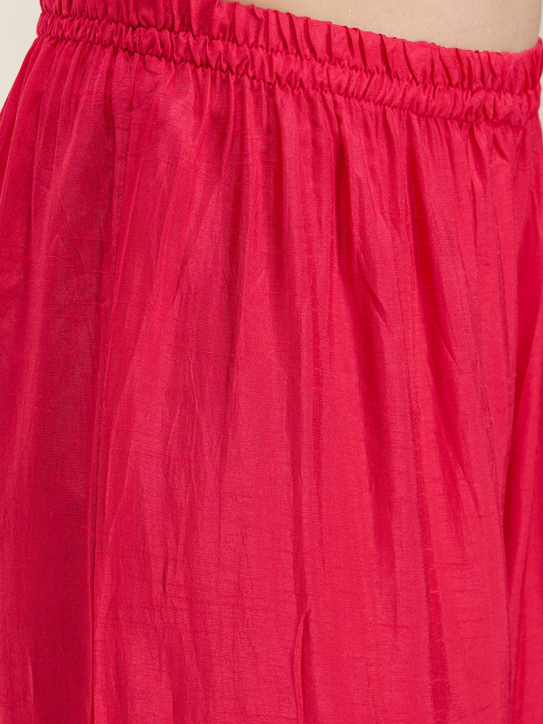 Solid Hand Embroidered Straight Kurta with Palazzo & Dupatta - Magenta