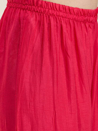 Solid Hand Embroidered Straight Kurta with Palazzo & Dupatta - Magenta