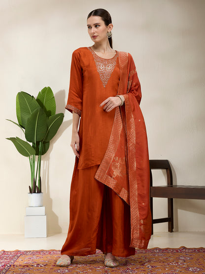Solid Hand Embroidered Straight Kurta with Palazzo & Dupatta - Rust