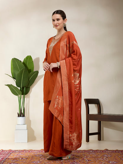 Solid Hand Embroidered Straight Kurta with Palazzo & Dupatta - Rust