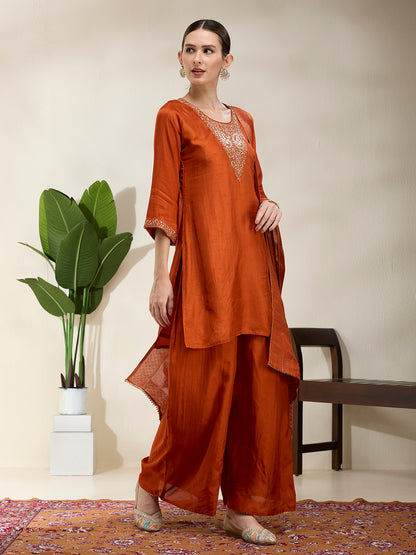 Solid Hand Embroidered Straight Kurta with Palazzo & Dupatta - Rust