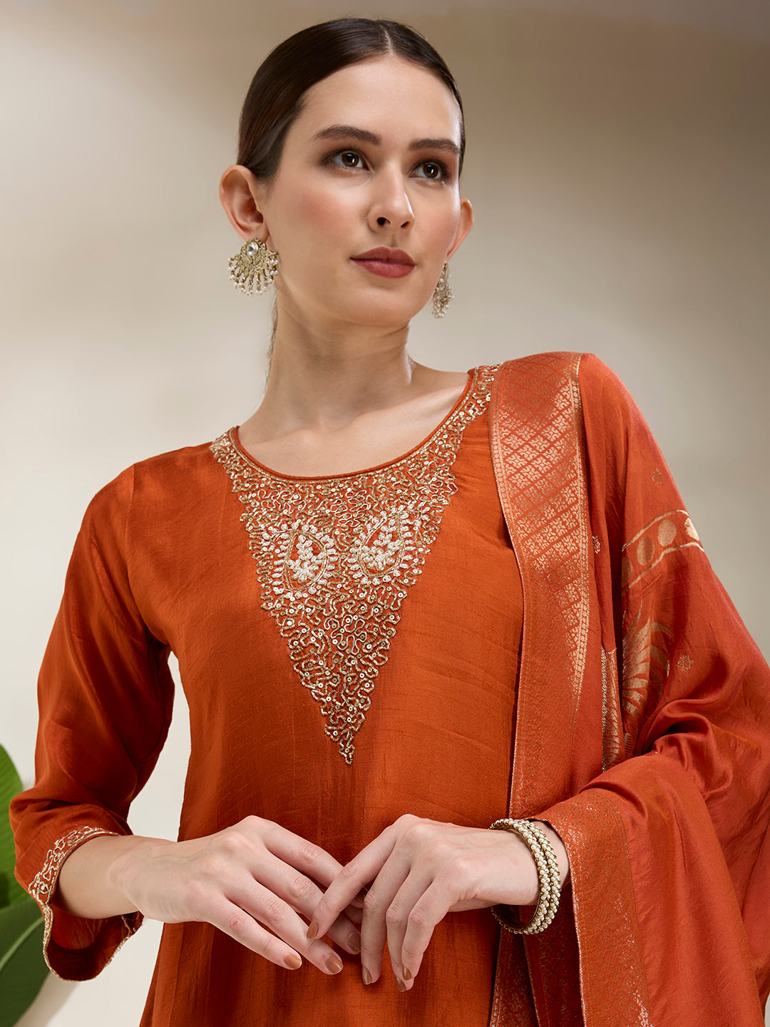 Solid Hand Embroidered Straight Kurta with Palazzo & Dupatta - Rust
