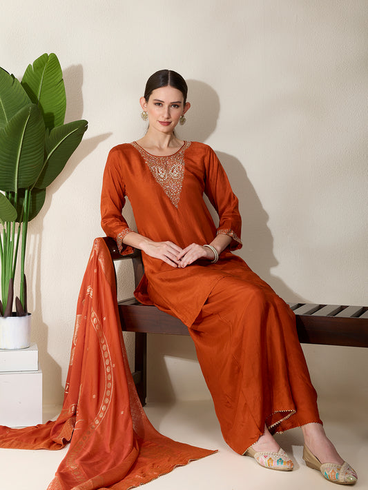Solid Hand Embroidered Straight Kurta with Palazzo & Dupatta - Rust