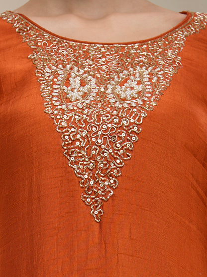 Solid Hand Embroidered Straight Kurta with Palazzo & Dupatta - Rust
