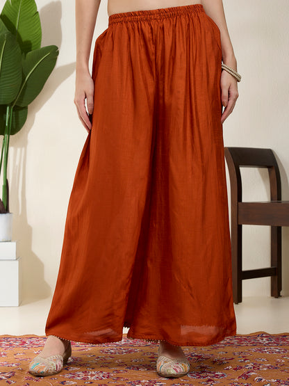 Solid Hand Embroidered Straight Kurta with Palazzo & Dupatta - Rust