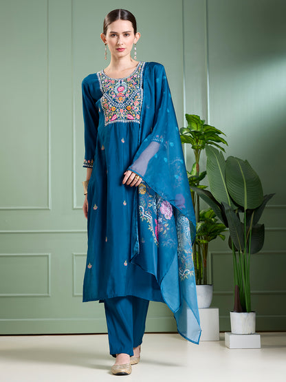 Solid Floral Hand Embroidered Straight Kurta with Pant & Dupatta - Blue