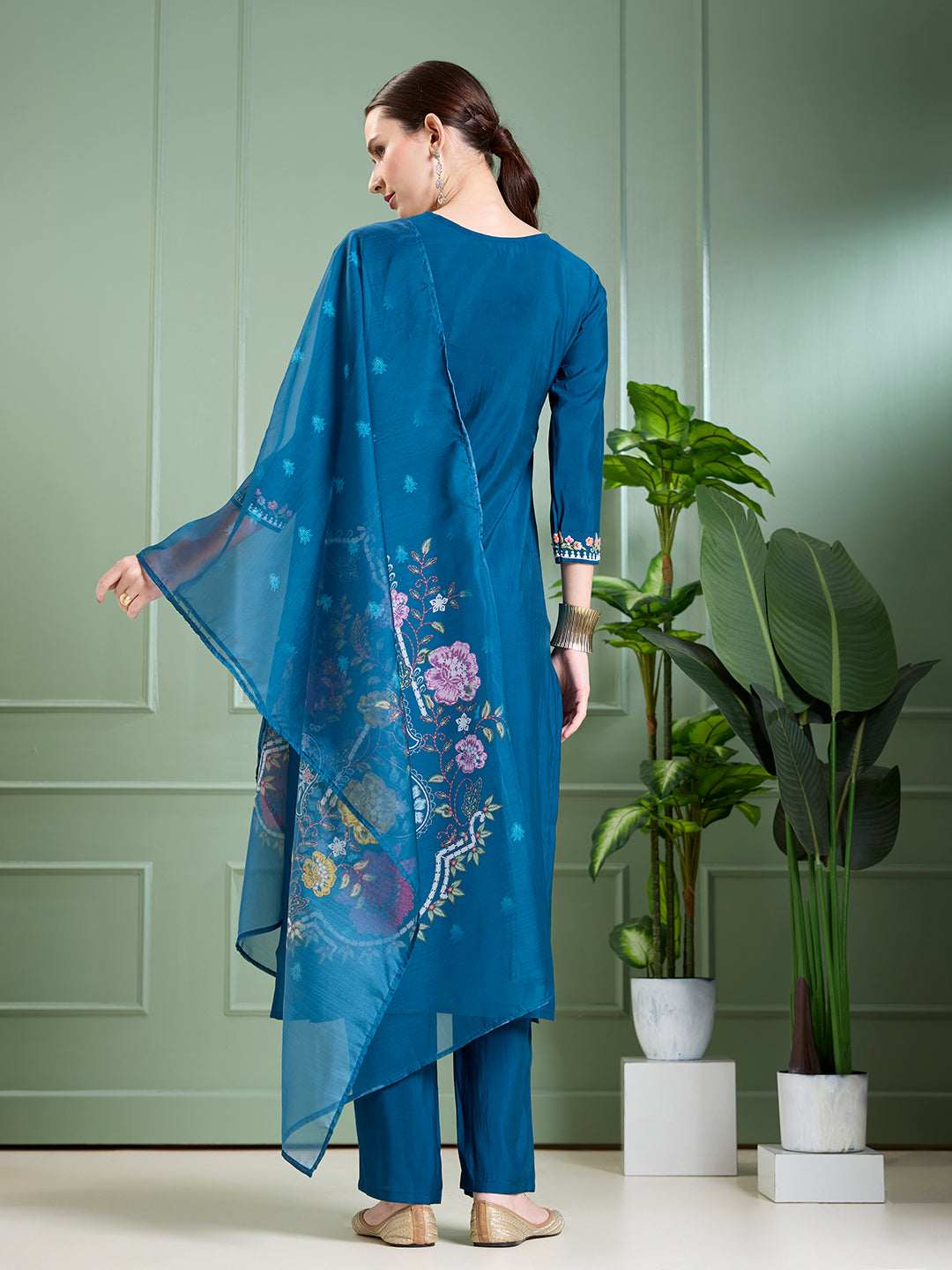Solid Floral Hand Embroidered Straight Kurta with Pant & Dupatta - Blue