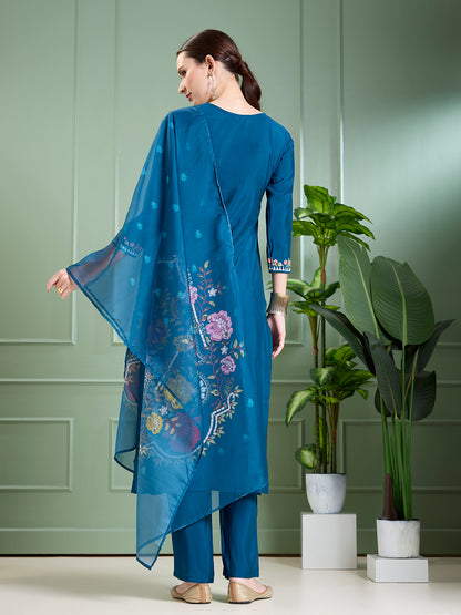 Solid Floral Hand Embroidered Straight Kurta with Pant & Dupatta - Blue