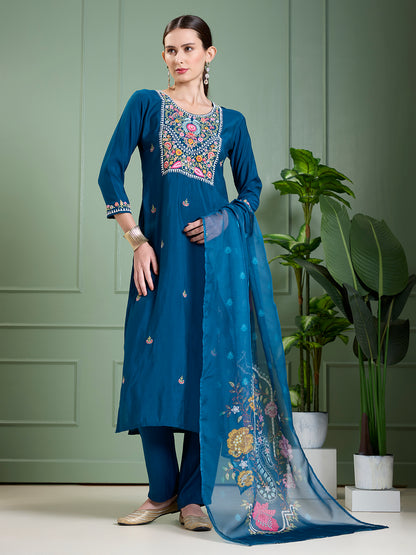 Solid Floral Hand Embroidered Straight Kurta with Pant & Dupatta - Blue