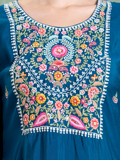 Solid Floral Hand Embroidered Straight Kurta with Pant & Dupatta - Blue