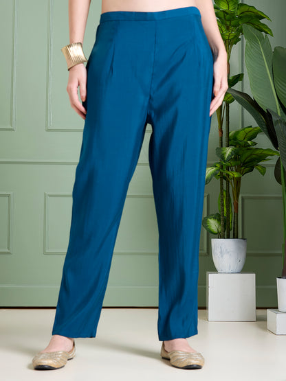 Solid Floral Hand Embroidered Straight Kurta with Pant & Dupatta - Blue