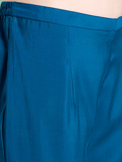 Solid Floral Hand Embroidered Straight Kurta with Pant & Dupatta - Blue