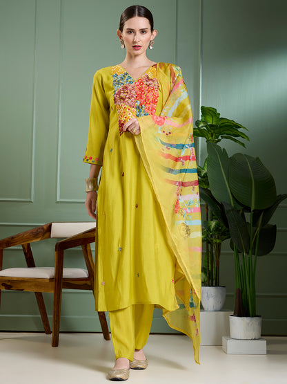 Solid Floral Hand Embroidered Straight Kurta with Pant & Dupatta - Lime Green