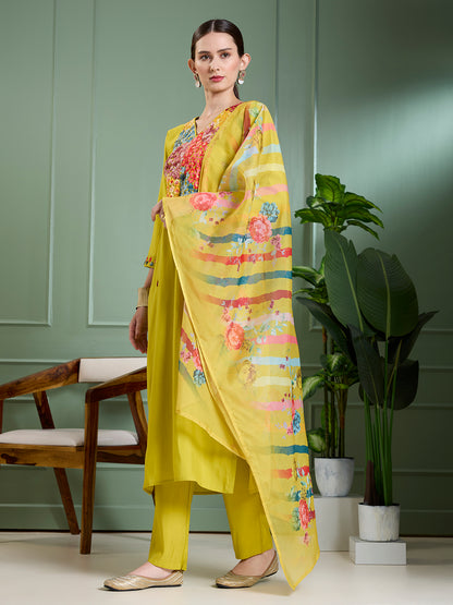 Solid Floral Hand Embroidered Straight Kurta with Pant & Dupatta - Lime Green
