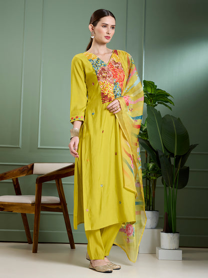 Solid Floral Hand Embroidered Straight Kurta with Pant & Dupatta - Lime Green