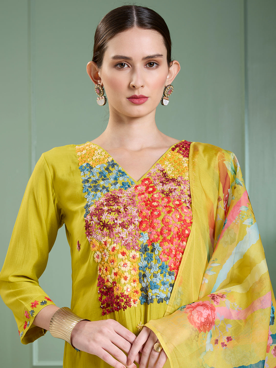 Solid Floral Hand Embroidered Straight Kurta with Pant & Dupatta - Lime Green