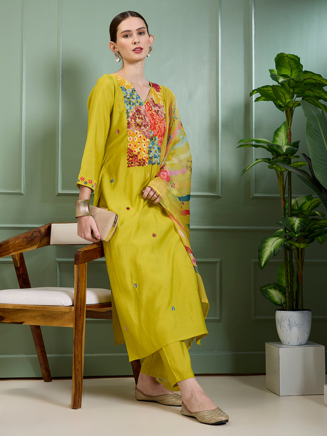 Solid Floral Hand Embroidered Straight Kurta with Pant & Dupatta - Lime Green