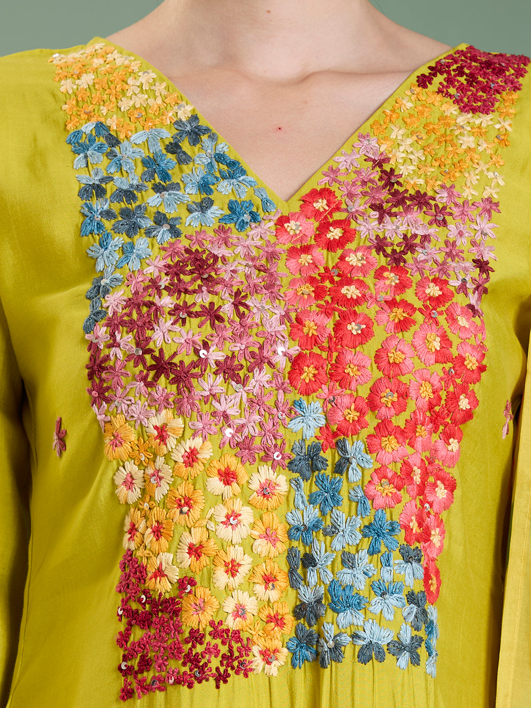 Solid Floral Hand Embroidered Straight Kurta with Pant & Dupatta - Lime Green