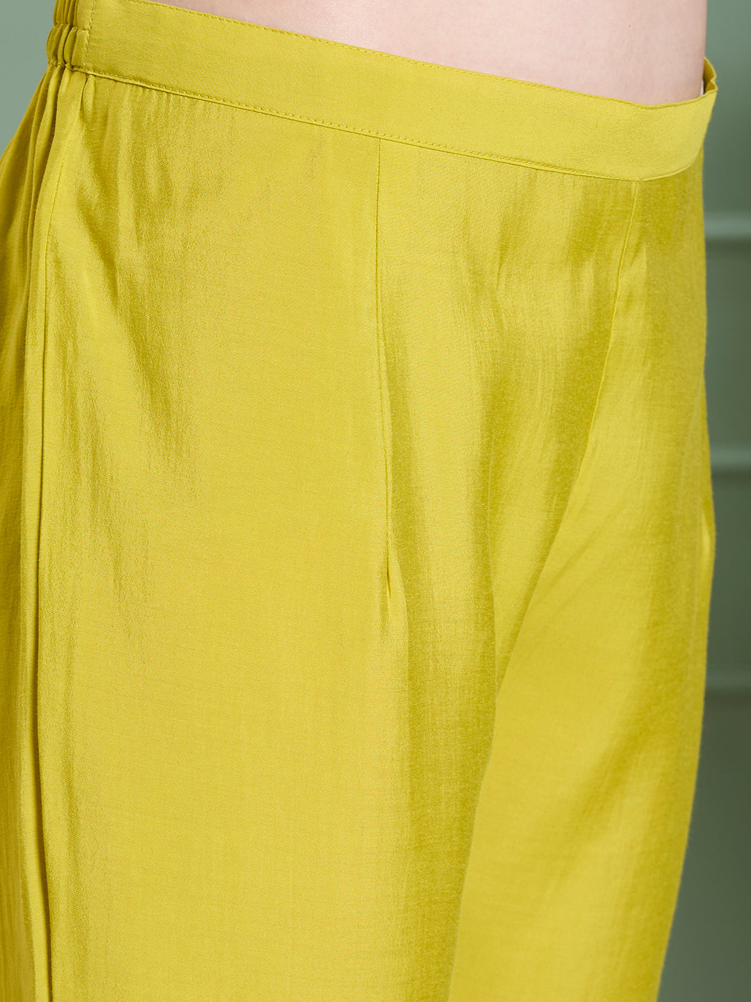 Solid Floral Hand Embroidered Straight Kurta with Pant & Dupatta - Lime Green