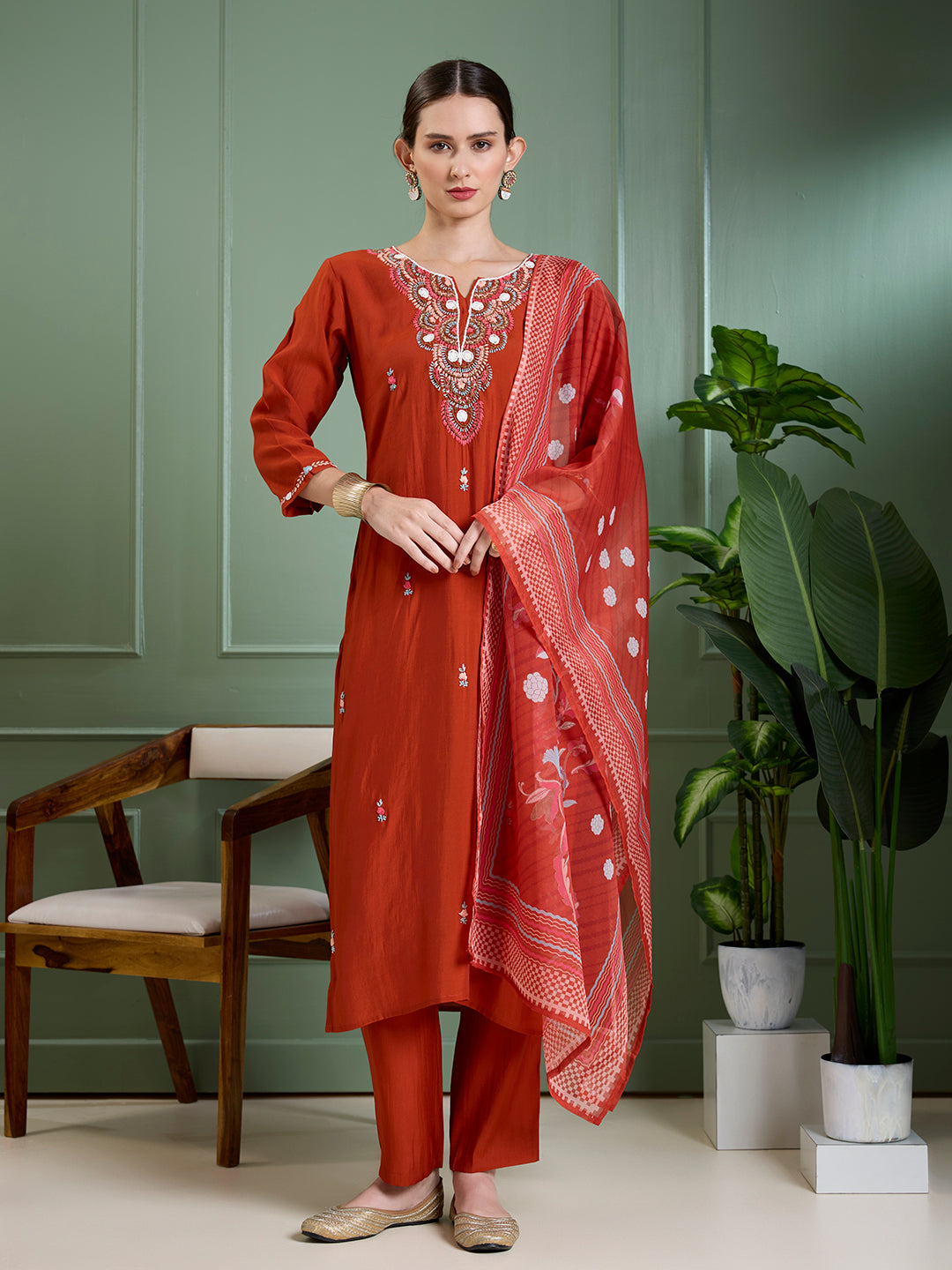 Solid Floral Hand Embroidered Straight Kurta with Pant & Dupatta - Rust