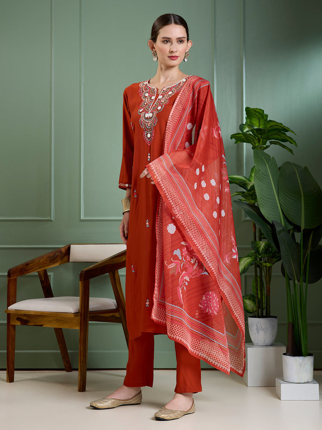 Solid Floral Hand Embroidered Straight Kurta with Pant & Dupatta - Rust
