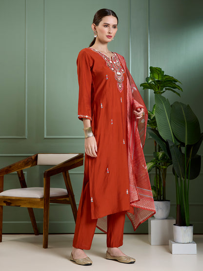 Solid Floral Hand Embroidered Straight Kurta with Pant & Dupatta - Rust