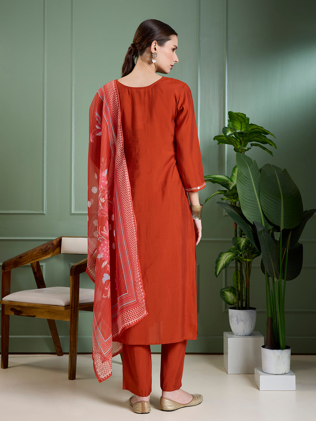 Solid Floral Hand Embroidered Straight Kurta with Pant & Dupatta - Rust