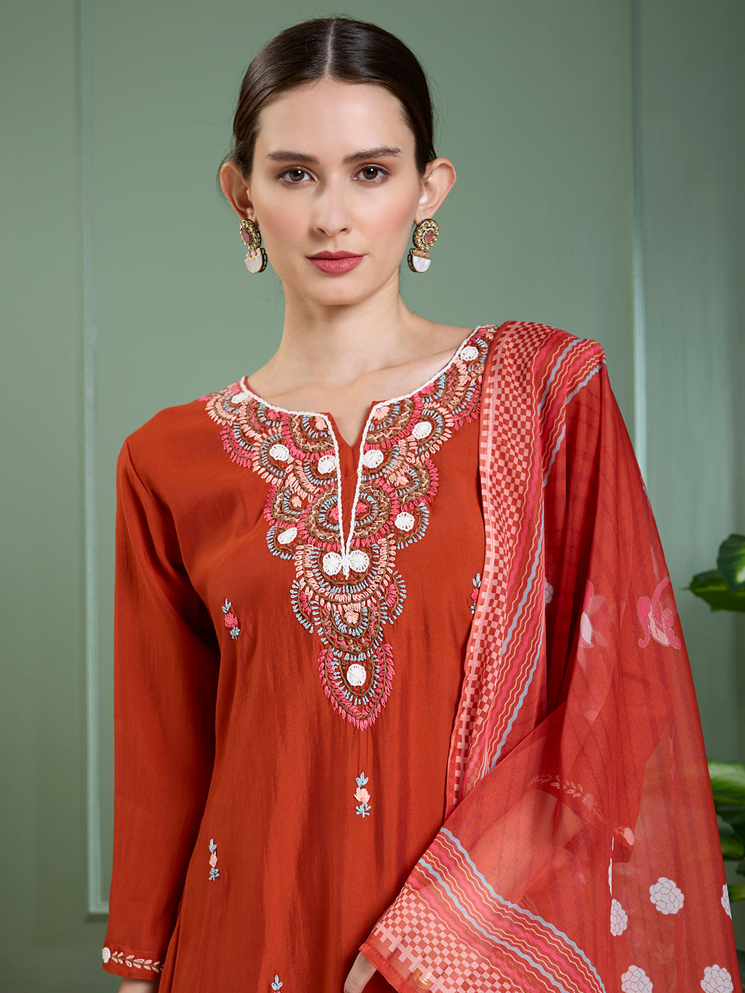 Solid Floral Hand Embroidered Straight Kurta with Pant & Dupatta - Rust