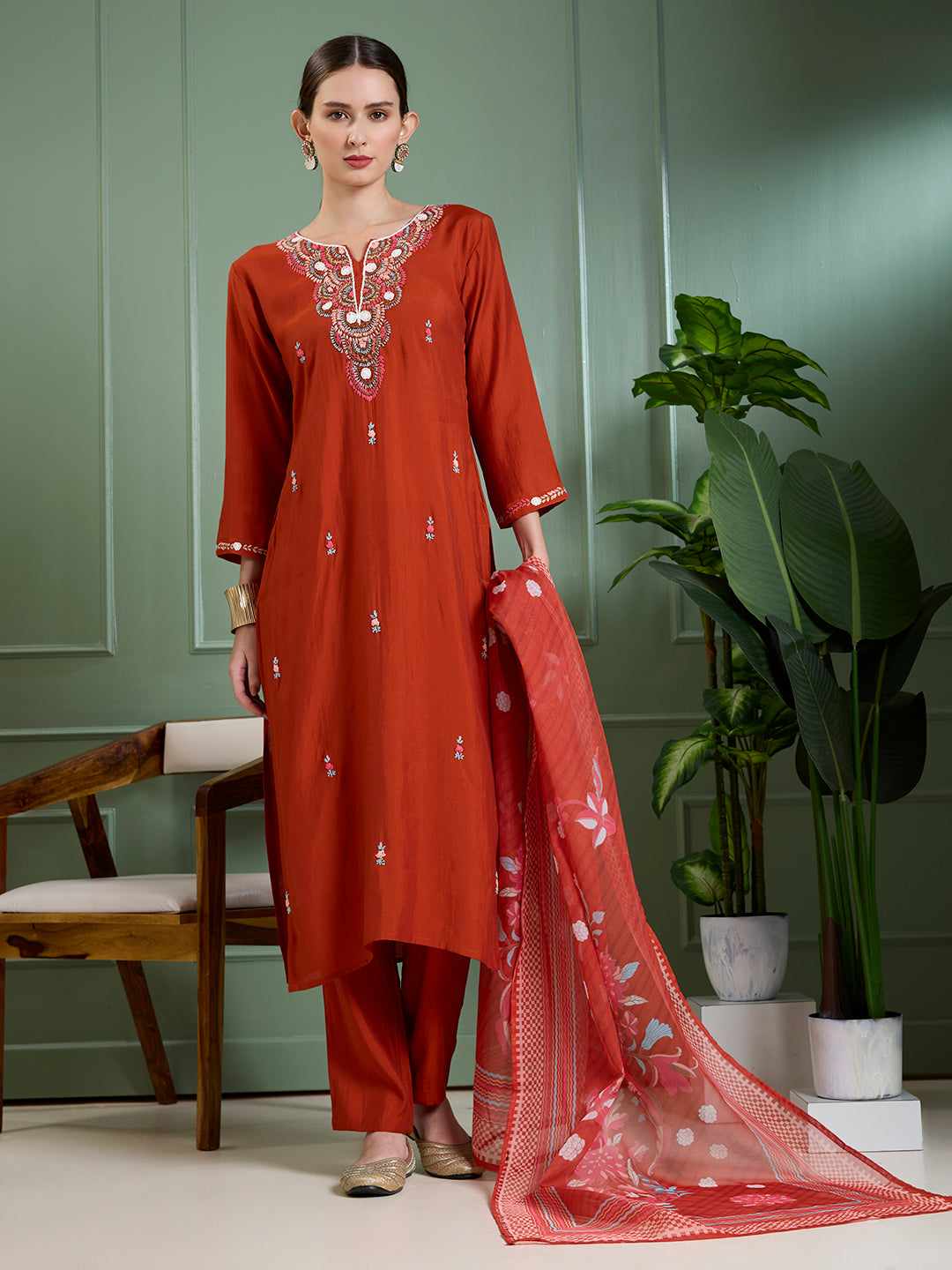 Solid Floral Hand Embroidered Straight Kurta with Pant & Dupatta - Rust