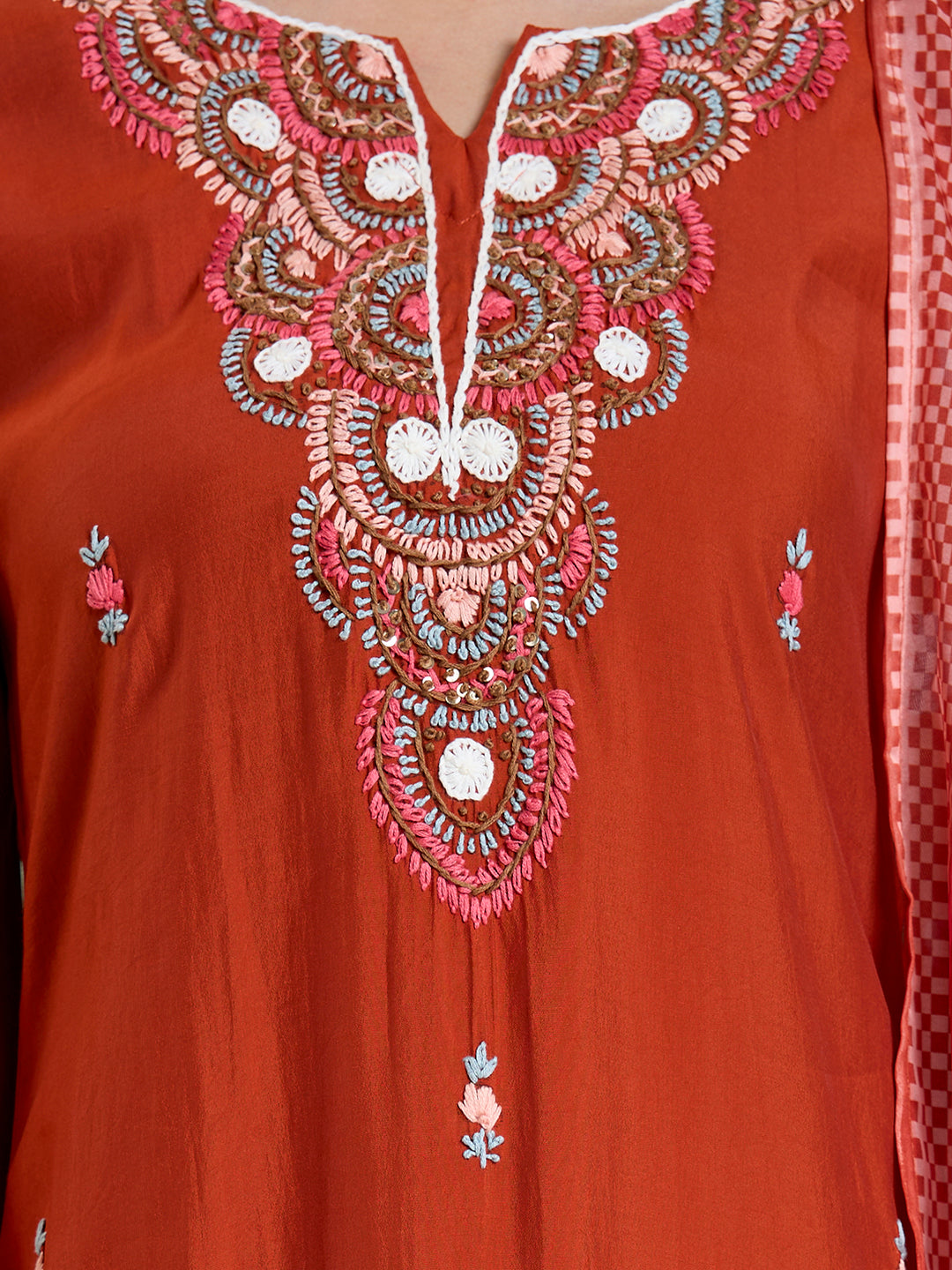 Solid Floral Hand Embroidered Straight Kurta with Pant & Dupatta - Rust