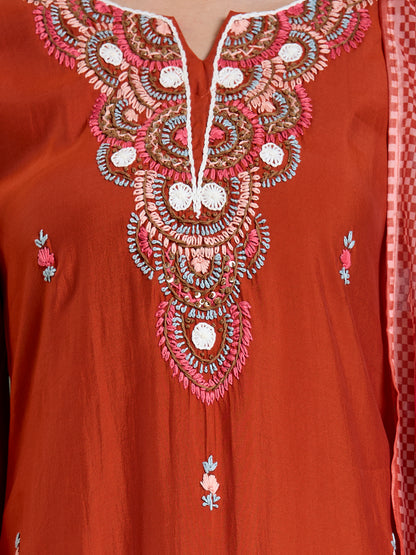Solid Floral Hand Embroidered Straight Kurta with Pant & Dupatta - Rust
