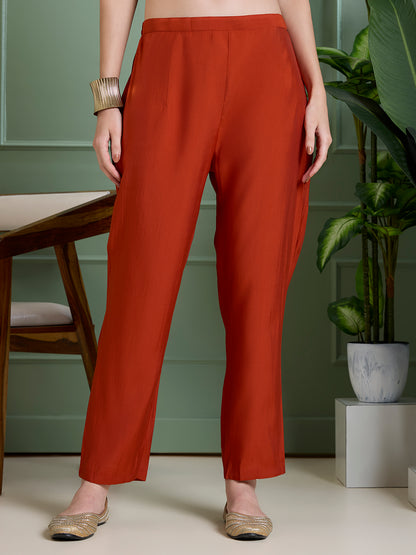 Solid Floral Hand Embroidered Straight Kurta with Pant & Dupatta - Rust