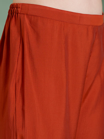 Solid Floral Hand Embroidered Straight Kurta with Pant & Dupatta - Rust