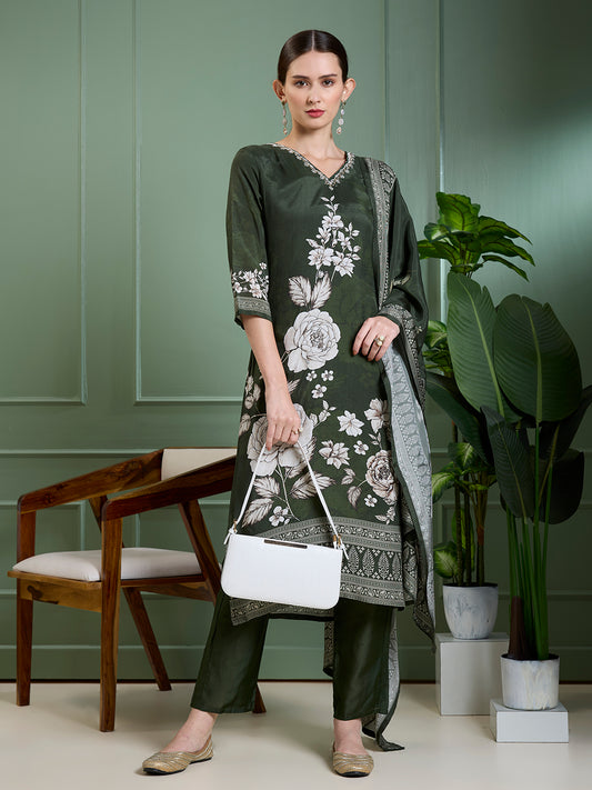 Floral Printed & Embroidered Straight Kurta with Pant & Dupatta - Green