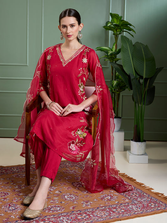 Solid Floral Embroidered Anarkali with Pant & Scalloped Dupatta - Rani